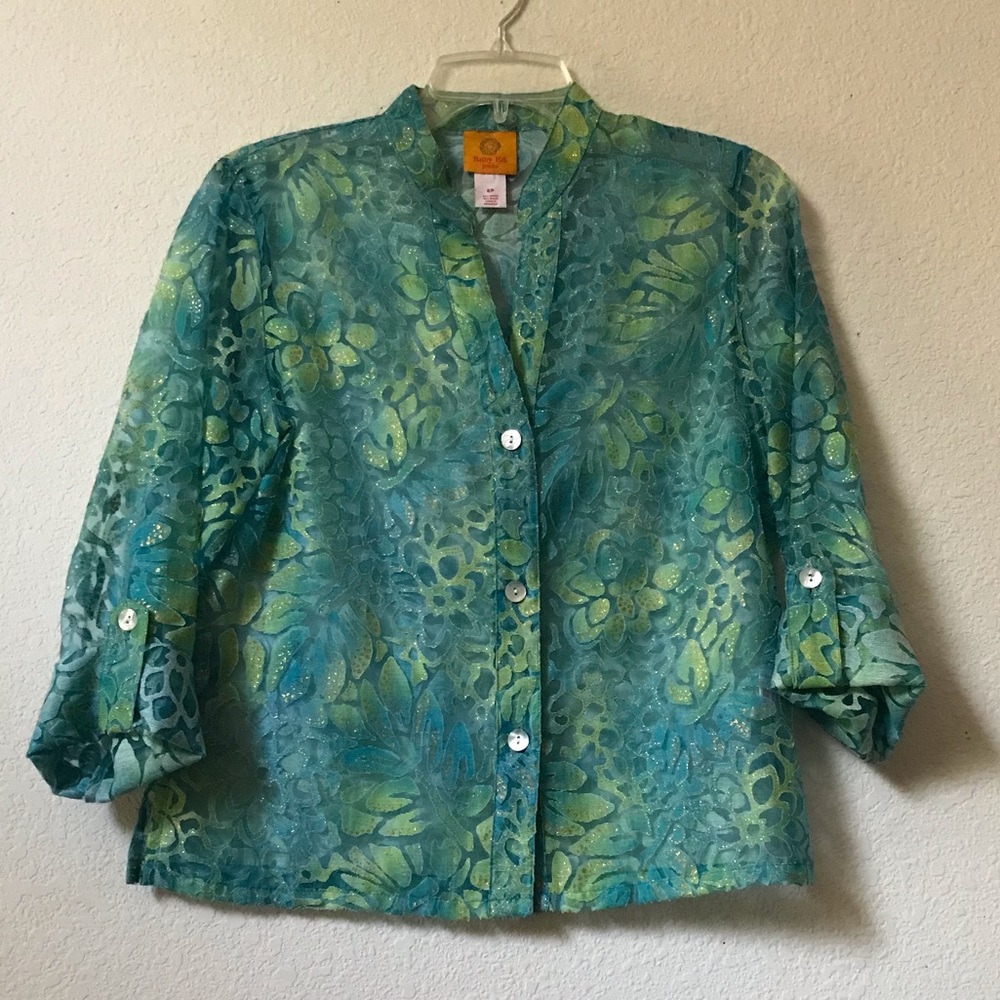 Ruby Rd. Blue Green Shimmering Sheer Button Down … - image 1